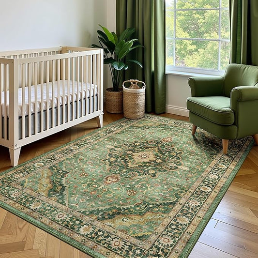 Deerly Green Rug 3x5 Area Rug with Non-Slip Backing, Washable Rugs for Bedroom Living Room Kitchen, Distressed Carpet Printed Low-Pile Soft Dorm Rug Room Decor(Border Green)