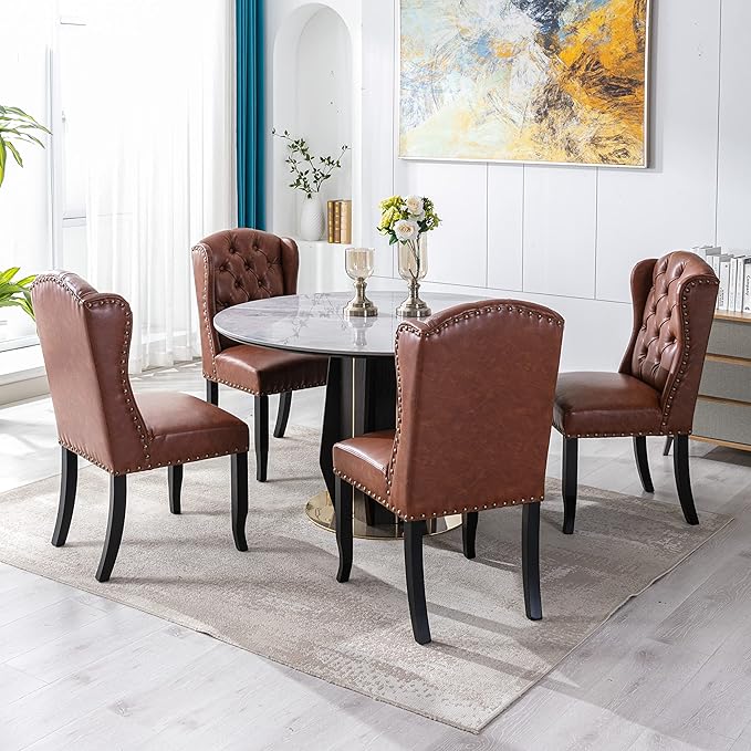 DUOMAY Modern Tufted Dining Chairs Set of 6, PU Leather Upholstered Dining Room Chairs Armless Guest Side Chair for Kitchen Dining Room, Wingback Accent Chairs with Solid Wood, Brown