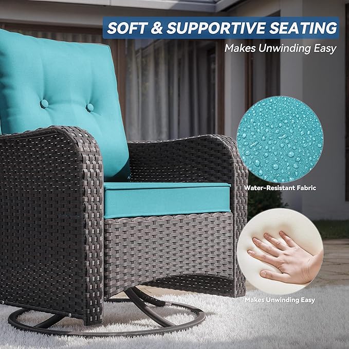 Kurapika 5 Pieces Patio Furniture Set, Rattan Wicker Outdoor Conversation Sets, 4 Woven Rattan Swivel Chairs w/48in Propane Fire Pit Table and Thickened Cushions, Blue