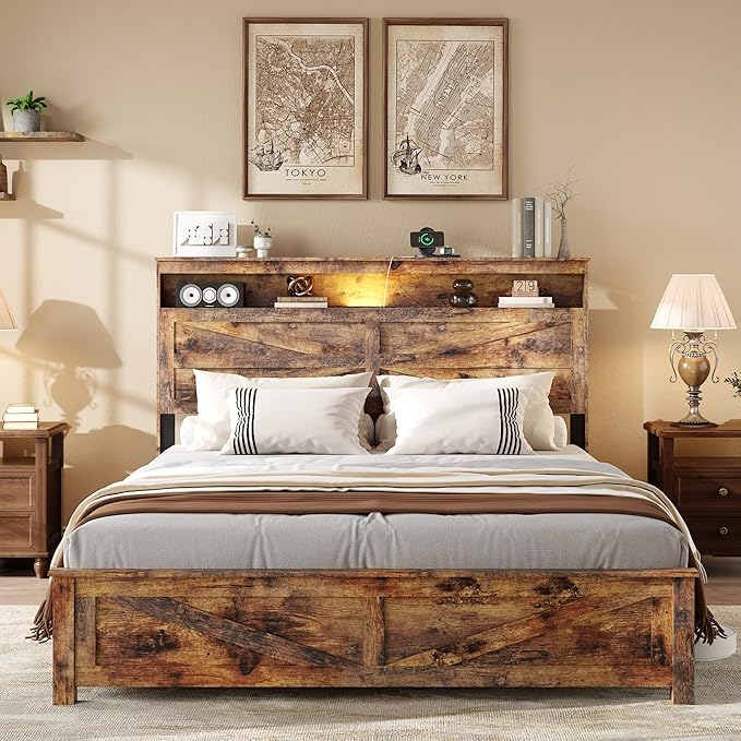 Farmhouse Queen Size Bed Frame with Headboard Storage Shelf, Wood Platform Bed Frame with LED Lights & Charging Station, Rustic Brown Metal Bed, No Box Spring Needed, Noise-Free Sturdy Structure