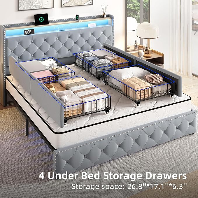 BRELTAM King Size Bed Frame with 4 Storaged Drawers,Upholstered Velvet Tufed Bed Frame with LED Light and Charging Station,Platform Bed Frame with Headboard Heavy Duty Wood Slats,Bluish Grey