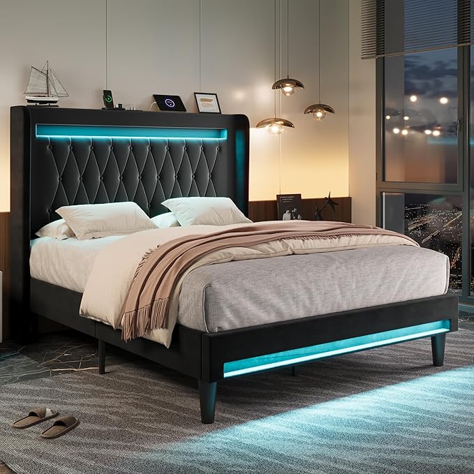 Allewie Upholstered Queen Size Platform Bed Frame with LED Light and Charging Station, Button Tufted High Headboard, Wingback Design, Noise Free, Easy Assembly, No Box Spring Needed, Black