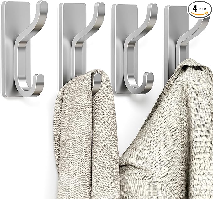 pickpiff Adhesive Wall Coat Hooks - Heavy Duty Stick-On Door Hanger, Metal Hook for Hanging Towel,Purse, Robe, Backpack, Jacket, Clothes - for Bathroom,Dorm, Closet, Kitchen - Silver, 4 Pack