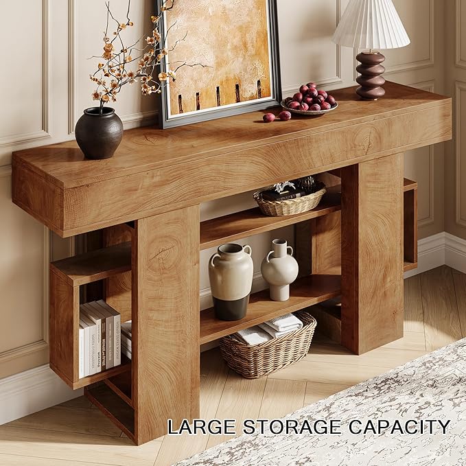 63 Inch Long Console Table for Entryway, Farmhouse Wooden Sofa Table Behind Couch with 3-Tier Storage Shelf, Narrow Entry Accent Table for Living Room, Hallway, Foyer, Natural