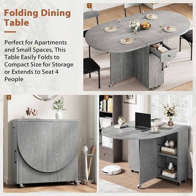 Folding Dining Table for 4 Kitchen Dining Room DinnerTable with Storage Drawer Space Saving Oval Foldable Drop Leaf Gateleg Furniture for Small Space (Grey, 51 * 31.5 * 30)