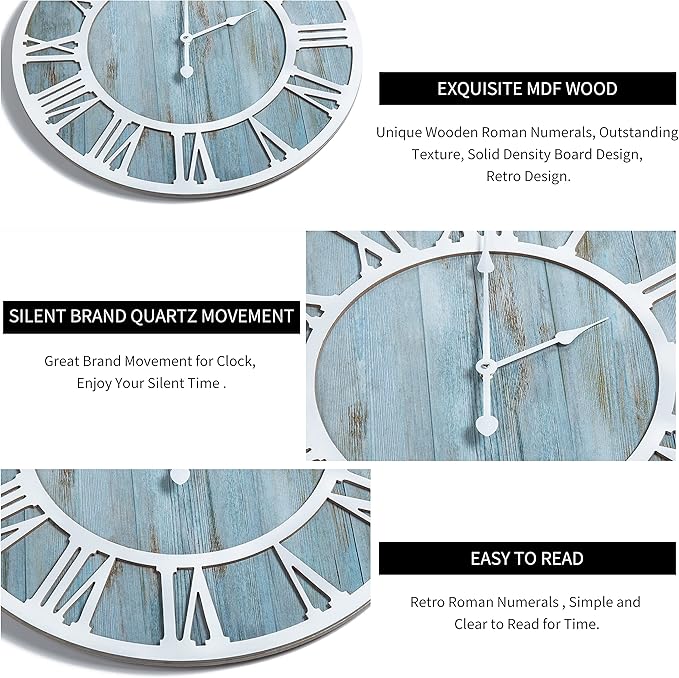 1st owned Wall Clocks for Living Room Decor,24" Vintage,Round Silent Non Ticking,Black Metal,Modern Wood Clocks for Home Bedroom,Kitchen,Garden,Office,Cafe,Modern Wall Decoration -Roman Numerals
