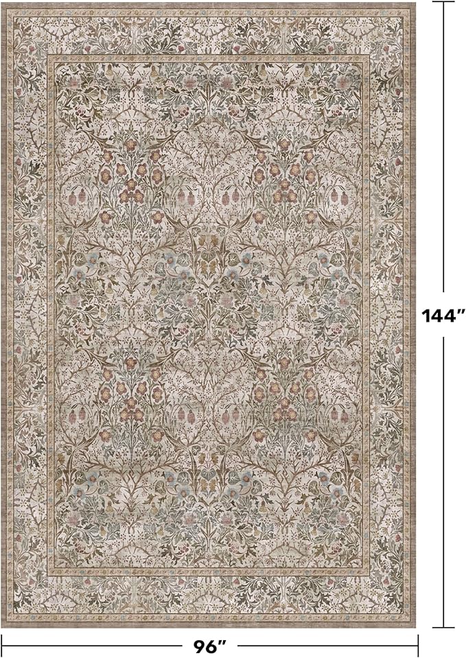 Washable 8x12 Large Living Room Area Rug - Non Pile Floral Design Carpet for Dining Room Under Table, Low Pile Vintage Bedroom Rugs, Forest Stain Resistance (Moss & Brown)