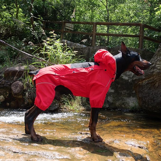 LOVELONGLONG Fleece-Lined Dog Raincoat with Removable Hood – Waterproof Winter Full Body Dog Jacket – Windproof Snowproof Cold-Weather Suit – Red-F 2XL