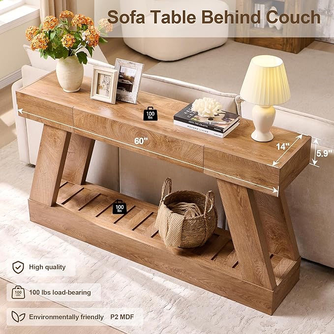 60" Farmhouse Entryway Table with Drawer, Wooden Hallway Foyer Table with Heavy Duty Base, Sofa Table for Living Room(Light Knotty Oak)