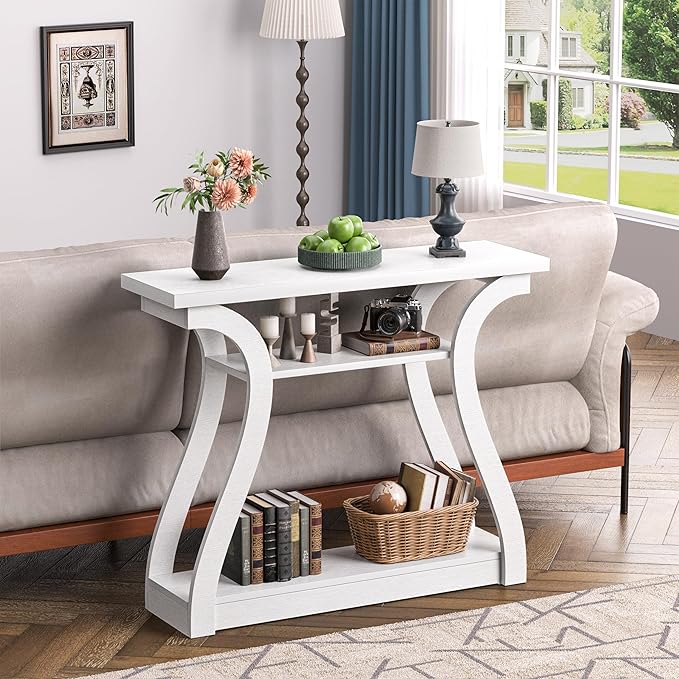 Wooden Console Table with Curved Legs and Shelf, 3-Tier Modern Accent Sofa Table for Entrance Area, Living Room, Hallway, 47 in Wide (White)
