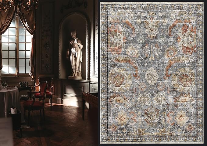 RUGSURE Washable Area Rugs - Perfect for Living Room, Bedroom, Kids Room, Nursery - Stain & Water Resistant Non-Slip, Pet & Child Friendly, Vintage Tribal Area Rugs (Turmeric and Grey, 6' x 9')