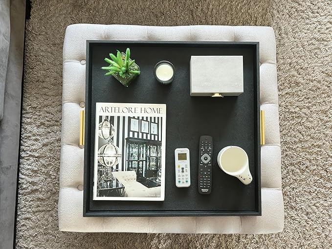 HofferRuffer Extra Large Square Serving Tray, Elegant Faux Leather Ottoman Tray with Gold Hardware Handles, Serve Tea, Coffee or Breakfast in Bed, 24 x 24 inches (Black Shagreen)