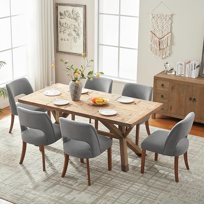 VKNOW Wooden Dining Chairs Set of 6, Modern Fabric Upholstered Dining Room Chair Kitchen Chairs, Farmhouse Dinner Chair for Kitchen Dining Room, Fabric Grey