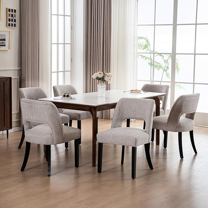 VKNOW Wooden Dining Chairs Set of 2, Modern Fabric Upholstered Dining Room Chair Kitchen Chairs, Farmhouse Dinner Chair for Kitchen Dining Room, Grey-Black Legs