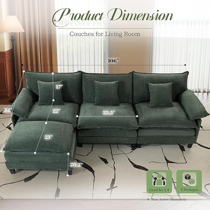 Modular Sectional Sofa, Comfy Cloud Couch with Movable Ottoman, Deep Seat Couches for Living Room, Bedroom and Apartment, 106" L Shaped Modern Sofa with Pillows, Green