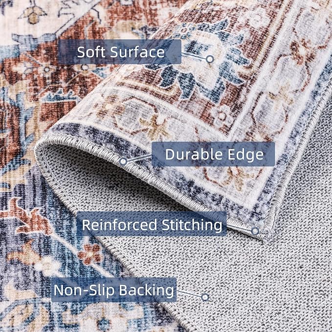 Deerly Boho Area Rug 4x6 Bedroom Rugs Ultra Soft Indoor Washable Rugs for Living Room Bedroom Laundry Room Decor, Low Pile Non-Slip Backing(Border Brown/Navy Blue)