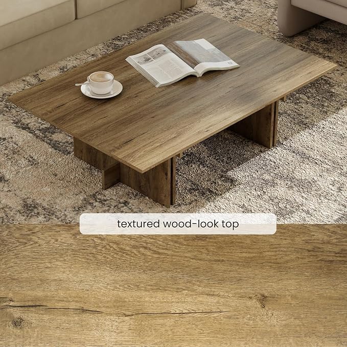 47 Inch Modern Farmhouse Coffee Table, Large Rectangular Wood Center Table with Cross Base for Living Room, Rustic Industrial Cocktail Table, Oak