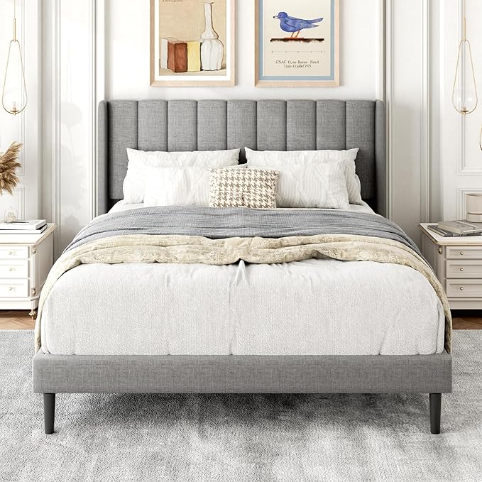 Full Size Bed Frame with Upholstered Wingback Headboard, Easy Assemnly Platform Bed, Wooden Slat Support No Box Spring Needed, Light Gray