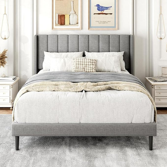 Full Size Bed Frame with Upholstered Wingback Headboard, Easy Assemnly Platform Bed, Wooden Slat Support No Box Spring Needed, Light Gray