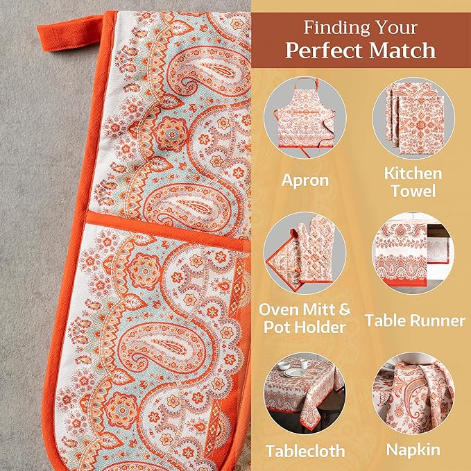 Maison d' Hermine Double Oven Mitt (7" x 35") 100% Cotton Heat Resistant BBQ Cooking Gloves with Loop for Thanksgiving Christmas Decorations Baking Cooking Barbeque Handling Hot Pan (Cachemire)