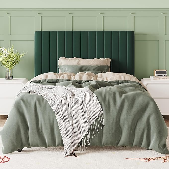 Allewie Twin Bed Frame, Velvet Upholstered Platform Bed with Adjustable Vertical Channel Tufted Headboard, Mattress Foundation with Strong Wooden Slats, Box Spring Optional, Easy Assembly, Green