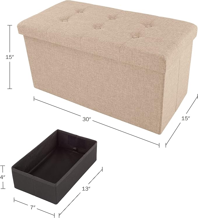 Folding Storage Ottoman - 30-Inch Tufted Footrest, Linen Chest, or Bench with Removable Bin for Living Room, Bedroom, or Dorm by Lavish Home (Beige)