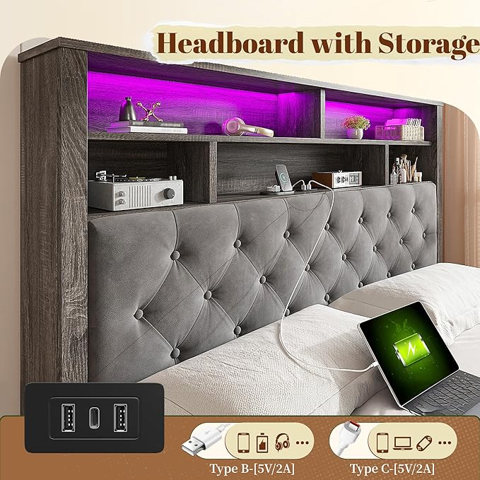 EnHomee Full Size Bed Frame with 4 Storage Drawers and Headboard Upholstered,Wooden Full Bed Frame with Charging Station and LED Light,NO Noise,No Box Spring Needed,Gray