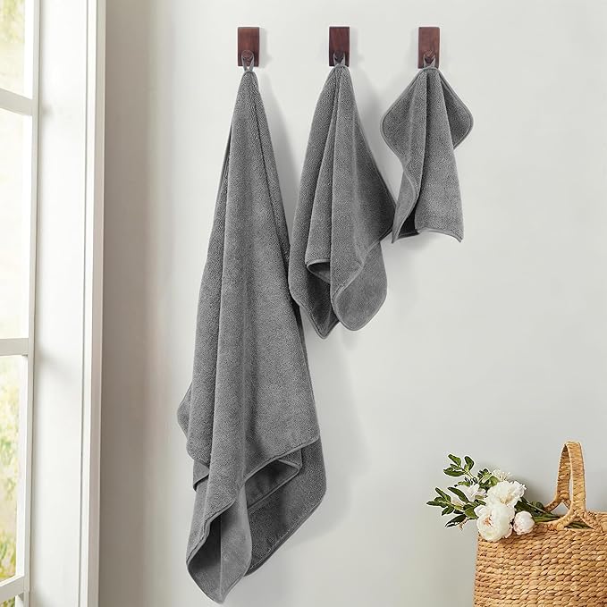 Ring Spun Terry Microfiber Bath Towel Set, 3 Piece, Oversize, Quick Dry, Lint Free, Includes Bath, face, and Hand Towels (Gray)