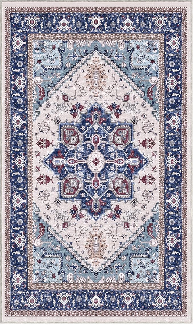 OPPODREAM Thin Area Rugs 3x5, Washable Rugs with Non Slip Backing, Low-Pile Throw 3x5 Carpet, Faux Cashmere 3 x 5 Carpet, Navy Blue & Red & Cream