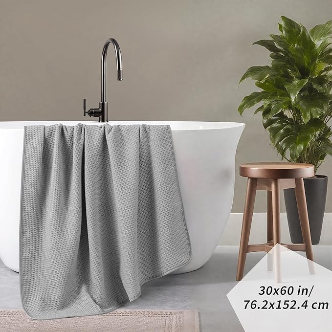 POLYTE 380 GSM Microfiber Oversize Quick Dry Lint Free Waffle Bath Towel for Body, 60 x 30 in, Set of 2