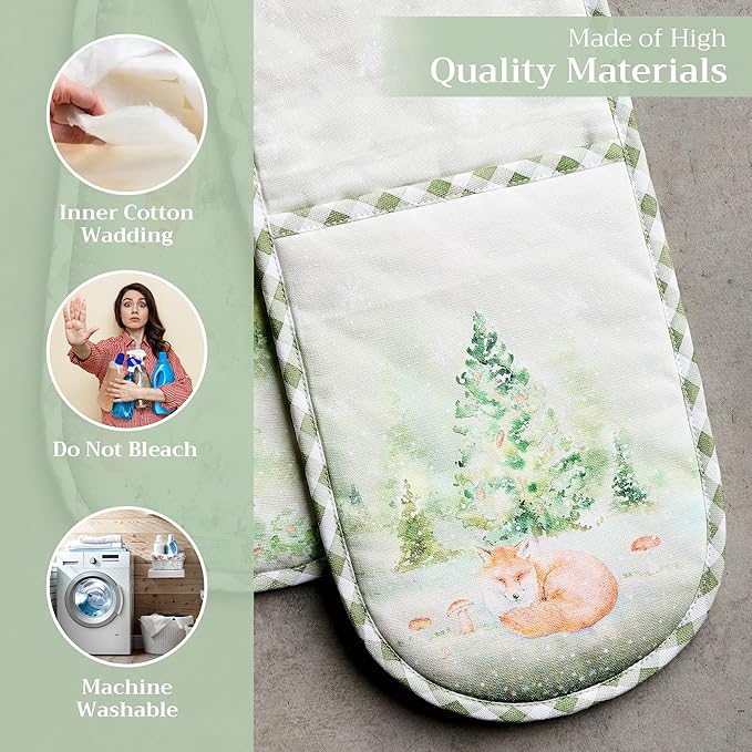 Maison d' Hermine Double Oven Mitt (7" x 35") 100% Cotton Heat Resistant BBQ Cooking Gloves with Loop for Thanksgiving Christmas Decorations Baking Cooking Barbeque Handling Hot Pan (Winter Mornings)