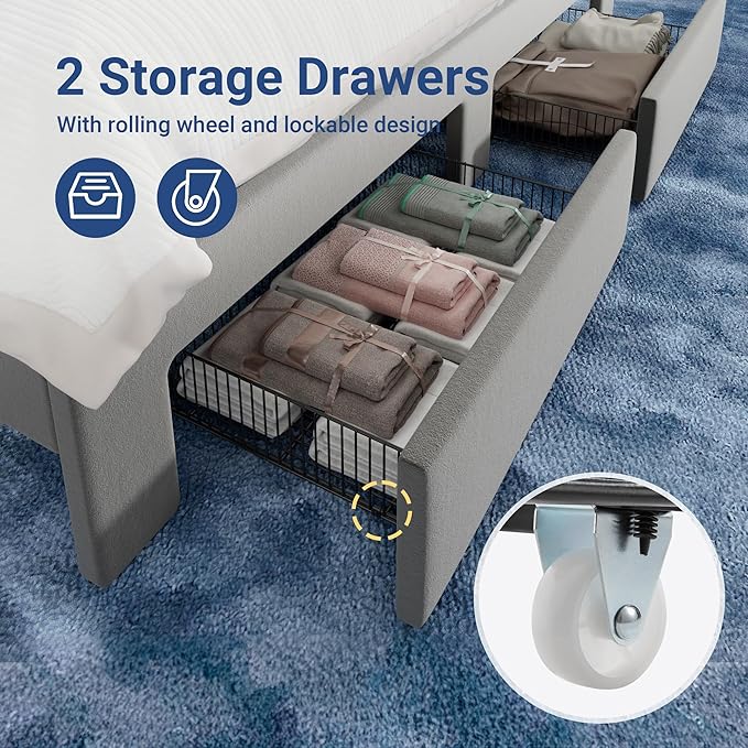 Allewie Velvet Vertical Tufted King Size Upholstered Platform Bed Frame with 2-Tier LED Storage Headboard & 2 Storage Drawers, USB & Type-C Charging Ports, Noise-Free/No Box Spring Needed, Grey