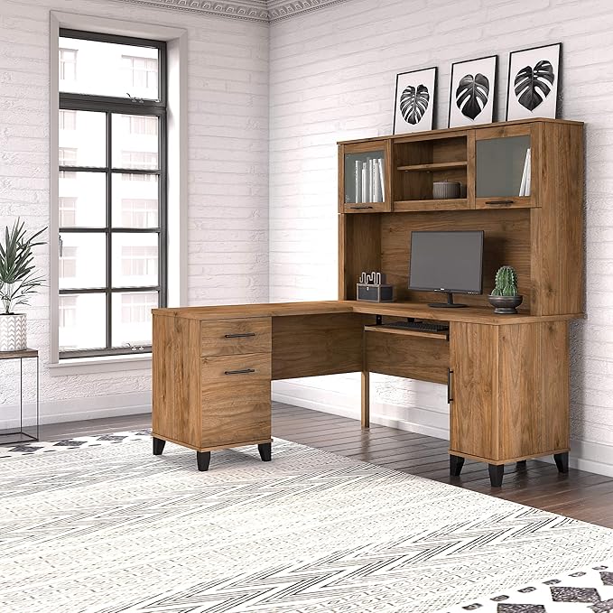 Bush Furniture Somerset 60W L Shaped Desk with Hutch in Fresh Walnut