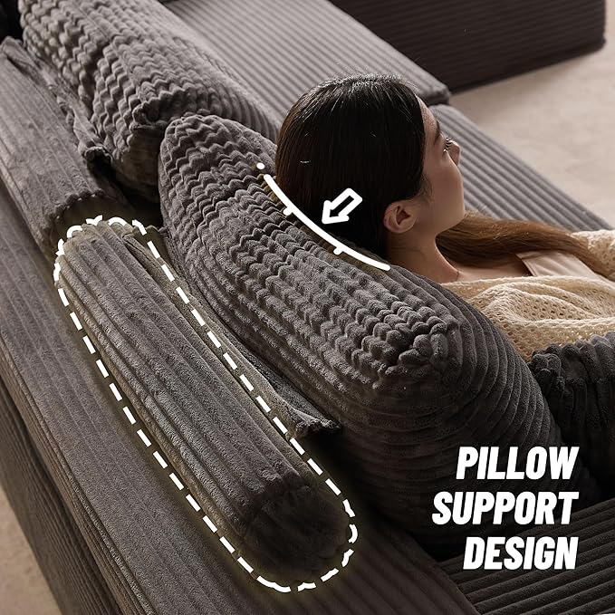 138" Boneless Couch with Deep Seat, Modular Sectional Sofa, Cloud Sectional Couch for Living Room, No Assembly Required, Corduroy, 4 Seater L-Shape Right, Grey
