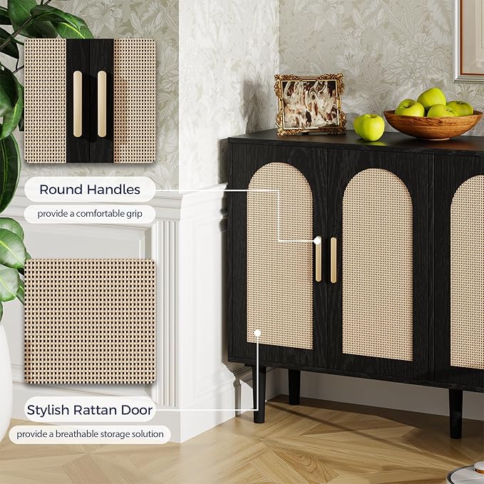 4-Door Rattan Sideboard Buffet Cabinet, 47" Large Storage Cabinet with Shleves, Wood Modern Accent Credenza Kitchen Table for Dining Room, Living Room & Entryway, Black & Natural