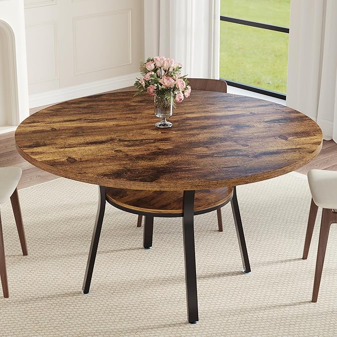 Garvee 47'' Round Dining Table for 4-6 People, Farmhouse Kitchen Dining Table, Round Dinner Table with Storage Shelf for Kitchen, Living Room (Table Only), Rustic Brown