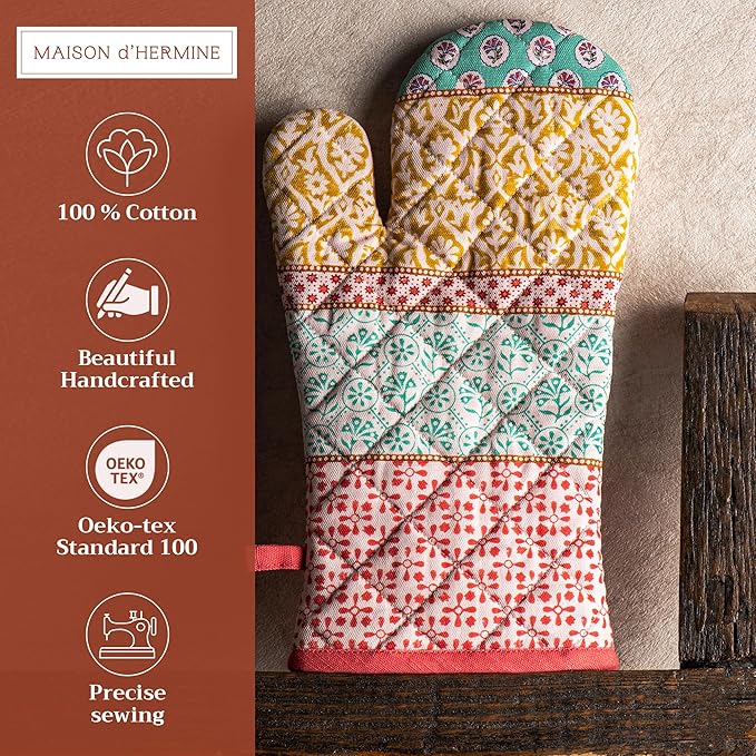 Maison d' Hermine Oven Gloves 100% Cotton Oven Mitt 7" x 13" with Loop Heat Resistant, BBQ, Cooking Gloves, Baking, Grilling, Kitchen, Handling Hot Pans Spring/Summer (Pack of 1, Provence)