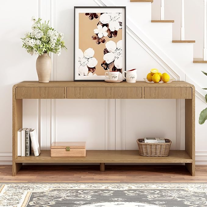 Modern Fluted Entryway Console Table 59’’ Long Entry Sofa Table with Drawers & Storage Shelf for Living Room Entrance Hallway, Easy Assembly, Brown
