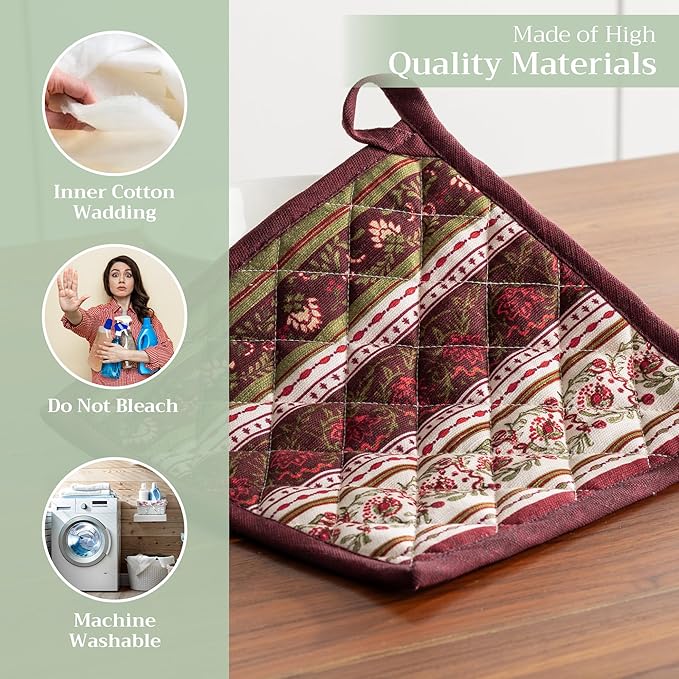 Maison d' Hermine Pot Holders 100% Cotton Heat Resistant Potholders 8" x 8" Hot Pads with Loop for Thanksgiving Christmas Decorations BBQ Cooking Handling Hot Pans (Pack of 1, Reveillon Au Jardin)