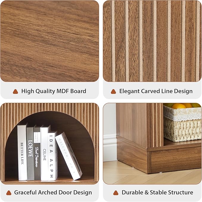 Console Table with 3-Tier Open Storage, 63" Arched Entryway Table with Carved Fluted Panels, Rectangular Wooden Sofa Table for Living Room, Hallway, or Behind Couch (1, Walnut)