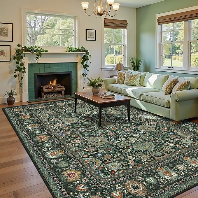 9x12 Rugs for Bedroom, Vintage Washable Rugs Non Slip Large Area Rug for Living Room Dining Room Office, Floor Decoration Big Rug Carpet Low-Pile Kid & Pet Friendly(Dark Green