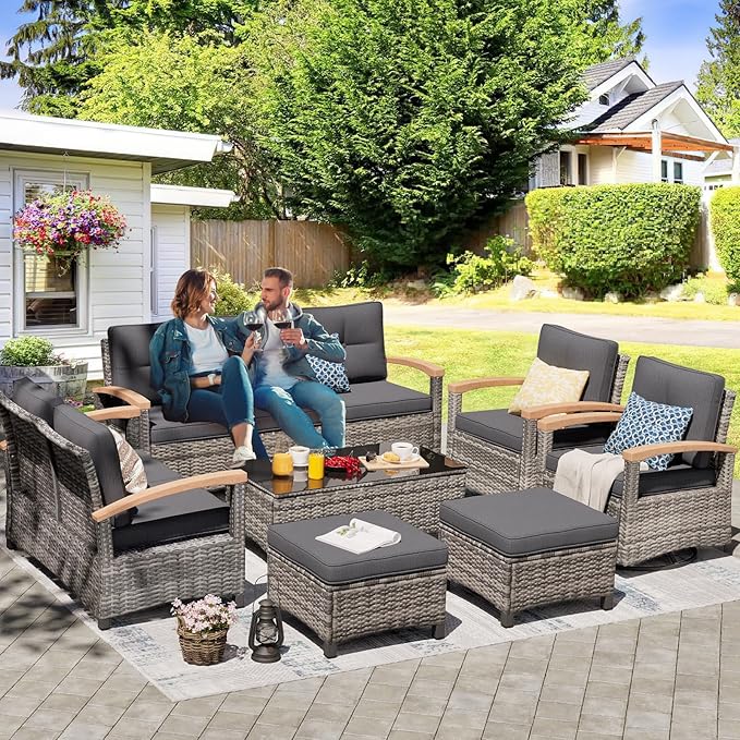 MEISSALIVVE Patio Furniture Sets, 7 Pieces Outdoor Rattan Furniture Conversation Sets with 2 Wood Armrests Swivel Rocker Chairs, 2 Ottoman, 3-Seat Sofa, 2-Seat Sofa and Coffee Table(Grey)