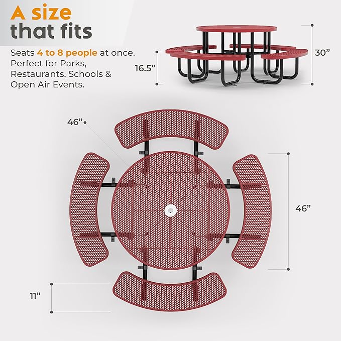 Metal Picnic Tables for Outdoors with Umbrella Hole - Coated Steel Heavy Duty Commercial Grade Furniture Set with Adjustable Seats (Red, 46 in, Round, Expanded Steel)