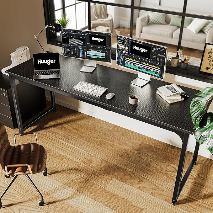 Huuger Computer Desk, 70 Inch Office Desk, Gaming Desk with Storage, Writing Desk Work Desk for Home Office, Study, Long Simple Desk, Large Legroom, Metal Frame, Black