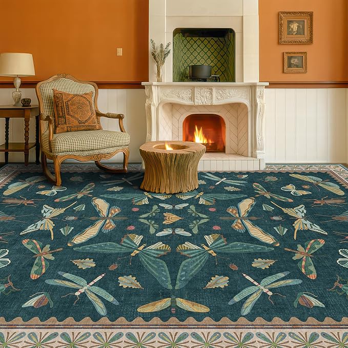 Vintage Teal Area Rugs for Living Room 6x8 - Floral & Butterfly Pattern Dining Rug, Low Pile Soft Bedroom Carpet, Washable Non Skid Rubber Backed, Forest Funky Home Décor