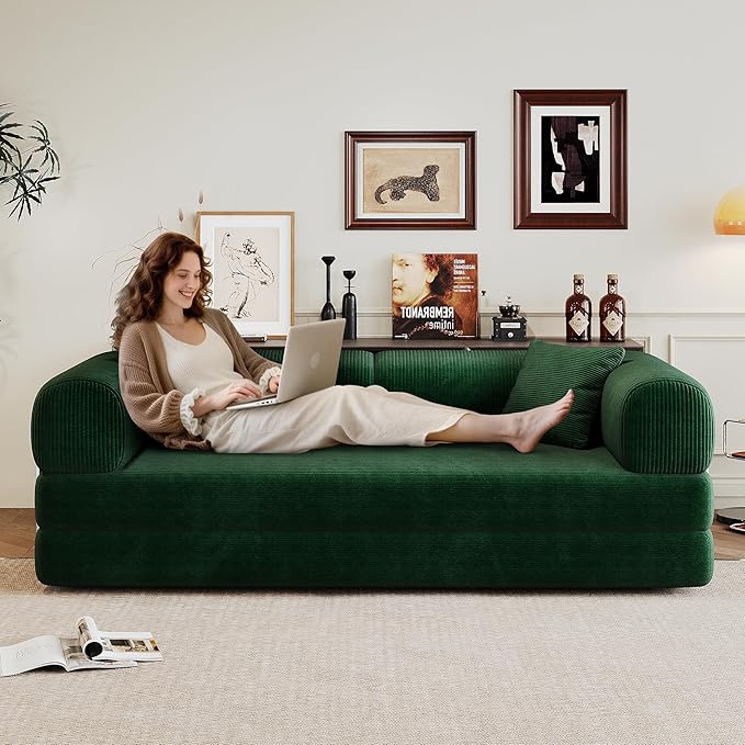 Boneless Couch Sectional Sofa,Convertible Sofa Bed with Sleeper Sofa,Futon Floor Couch Folding Sofas for Living Room,Bedroom,Apartment (Green, 78.8''W)