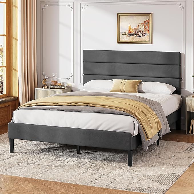 WLIVE Full Size Upholstered Bed Frame, Velvet Square Tufted Headboard,Sturdy Metal & Wooden Slats Support, No Box Spring Needed, Light Grey