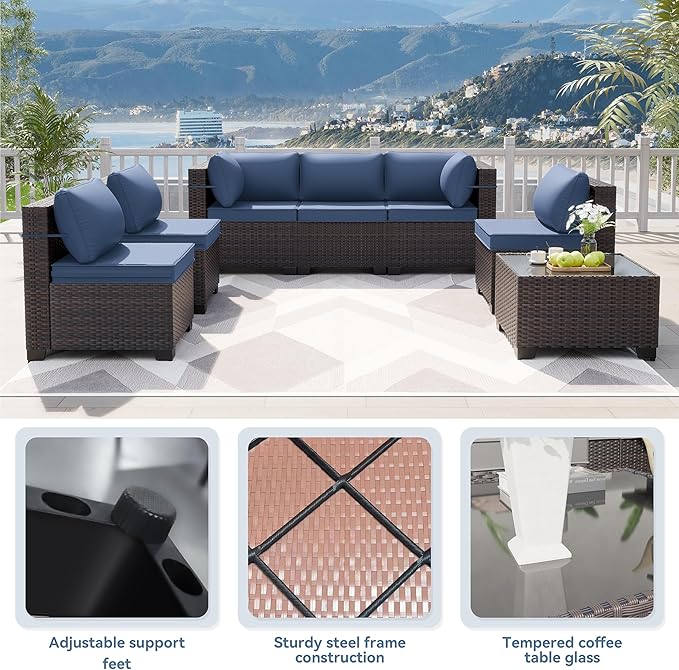 Kurapika 12 Pieces Patio Furniture Set, Rattan Wicker Sofa Set, Outdoor Conversation Sets w/Swivel Rocking Chairs Patio Sectional Sofa w/4 Inch Cushion, Navy Blue