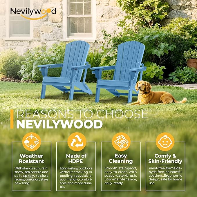 nevilywood Folding Adirondack Chair with Cup Holder Set of 2,All-Weather Adirondack Chair,Patio Chair,HDPE-Wooden Textured Lawn Chair- Light Blue
