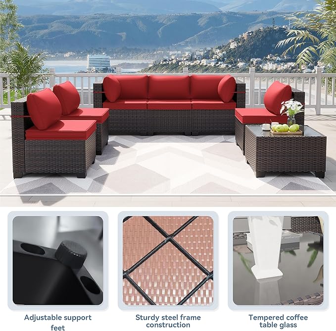 Kurapika 12 Pieces Patio Furniture Set, Rattan Wicker Sofa Set, Outdoor Conversation Sets w/Swivel Rocking Chairs Patio Sectional Sofa w/4 Inch Cushion, Red